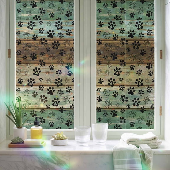 Rainbow Window Privacy Film, Cute Footprints on Wood Plank Non-Adhesive Static Cling Glass Sticker, Farmhouse Wooden Board Reusable Decorative Window Film for Home Bathroom Bedroom 19.6x39.3in