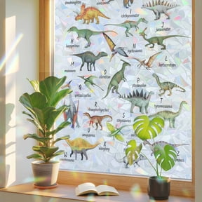 Rainbow Window Privacy Film, Dinosaur Static Cling Window Film PVC, Funny Dino Cute Cartoon Boys Girls Children No Glue UV Blocking Glass Covering, Removable Stained Glass Sticker 17.7''x39.3''