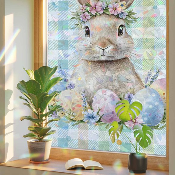 Rainbow Window Privacy Film, Easter Egg Rabbit Static Cling Window Film PVC, Colorful Grid Checkered Polka Dots No Glue UV Blocking Glass Covering, Removable Stained Glass Sticker 23.6''x78.7''