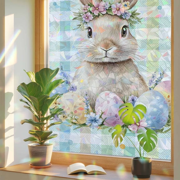 Rainbow Window Privacy Film, Easter Egg Rabbit Static Cling Window Film PVC, Colorful Grid Checkered Polka Dots No Glue UV Blocking Glass Covering, Removable Stained Glass Sticker 17.7''x39.3''