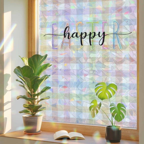 Rainbow Window Privacy Film, Easter Static Cling Window Film PVC, Colorful Checkered Plaid Spring Gingham Textured No Glue UV Blocking Glass Covering, Removable Stained Glass Sticker 17.7''x39.3''