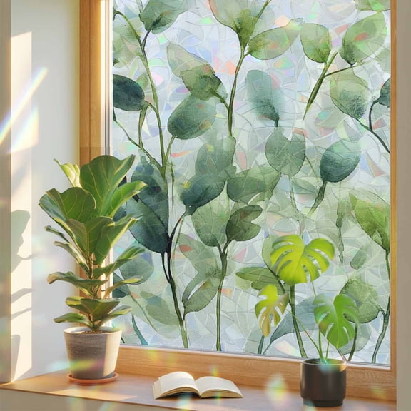 Rainbow Window Privacy Film, Eucalyptus Botanical Green Static Cling Decorative Window Film PVC, Spring Blooms Leaves No Glue UV Blocking Glass Covering, Removable Stained Glass Sticker 17.7''x39.3''
