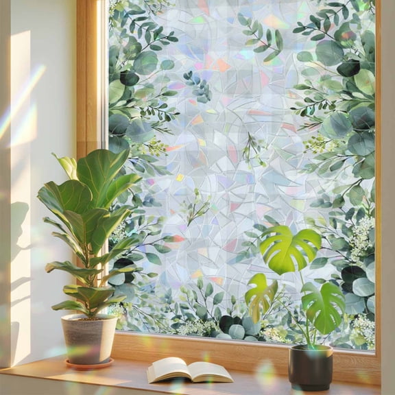 Rainbow Window Privacy Film, Eucalyptus Static Cling Window Film PVC, Sage Green Farm Plant Gray Buffalo Plaid No Glue UV Blocking Glass Covering, Removable Stained Glass Sticker 19.6''x39.3''