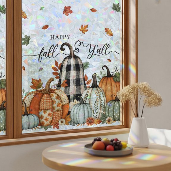 Rainbow Window Privacy Film Fall Pumpkins Stain Glass Window Film for Glass Door Sticker Static Cling Heat Blocking Thanksgiving Buffalo Plaid Autumn Maple Leaf Sunroof Decal for Car Home 29.5"x78.7"
