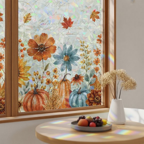 Rainbow Window Privacy Film Fall Pumpkins Stain Glass Window Film for Glass Door Sticker Static Cling Heat Blocking Thanksgiving Maple Leaf Harvest Daisy Floral Sunroof Decal for Car Home 23.6"x78.7"