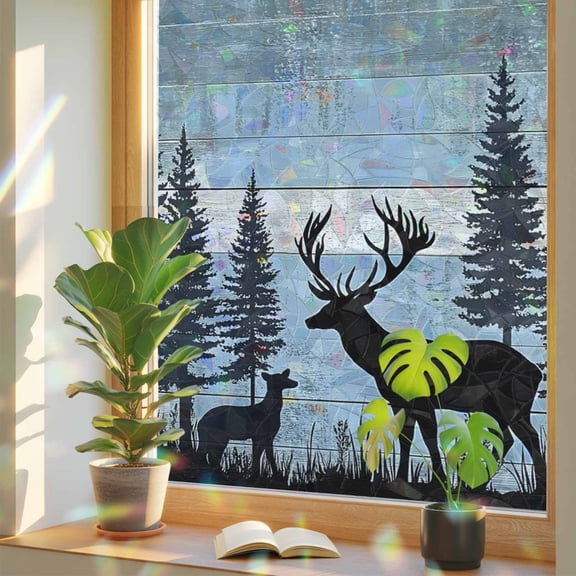 Rainbow Window Privacy Film, Farmhouse Deer Static Cling Window Film PVC, Vintage Country Forest Mountain Wooden No Glue UV Blocking Glass Covering, Removable Stained Glass Sticker 23.6''x59''
