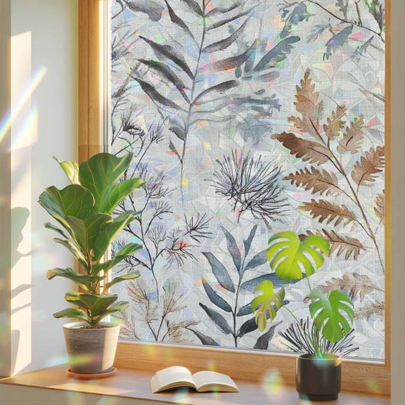 Rainbow Window Privacy Film, Farmhouse Leaves Static Cling Window Film PVC, Pastoral Vintage Flowers Botanical No Glue UV Blocking Glass Covering, Removable Stained Glass Sticker 17.7''x39.3''