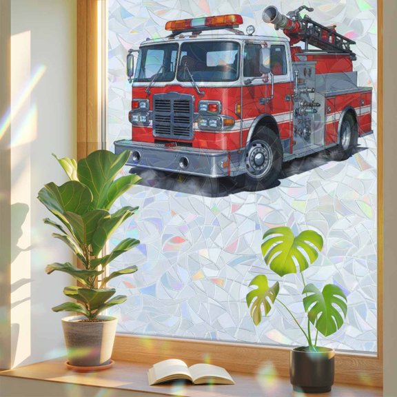 Rainbow Window Privacy Film, Fire Trucks Static Cling Decorative Window Film PVC, Modern Cartoons Vehicles No Glue UV Blocking Glass Covering, Removable Stained Glass Sticker 17.7''x39.3''