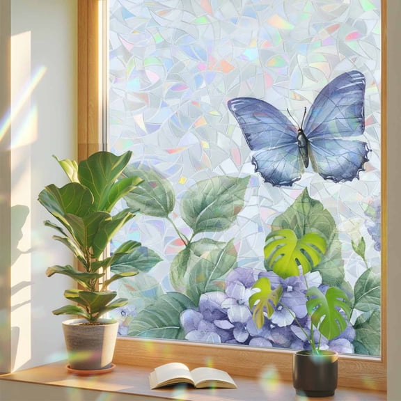 Rainbow Window Privacy Film, Flower Butterfly Static Cling Window Film PVC, Blue Purple Watercolor Wilflower No Glue UV Blocking Glass Covering, Removable Stained Glass Sticker 17.7''x39.3''