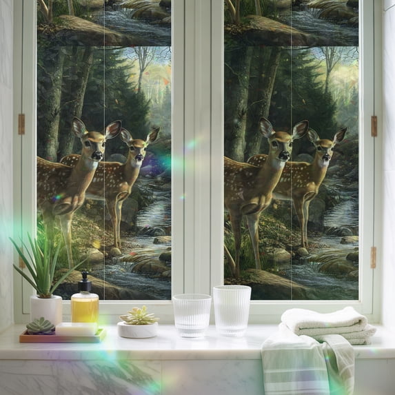 Rainbow Window Privacy Film, Forest Deer Family on River Non-Adhesive ...