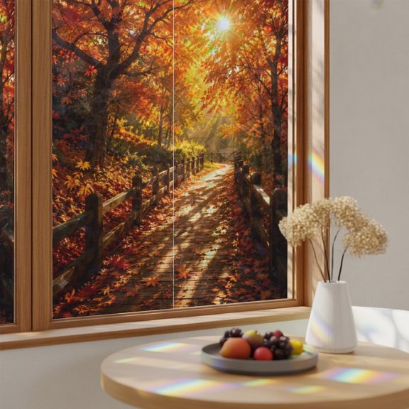 Rainbow Window Privacy Film Forest Fall Stain Glass Window Film for Glass Door Sticker Static Cling Heat Blocking Thanksgiving Orange Maple Leaves Trees Sunroof Decal for Car Home Bathroom 23.6"x59"