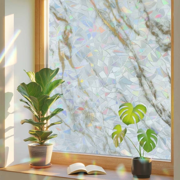 Rainbow Window Privacy Film, Golden Marble Static Cling Decorative Window Film PVC, Abstract Modern Minimalist Art No Glue UV Blocking Glass Covering, Removable Stained Glass Sticker 23.6''x59''