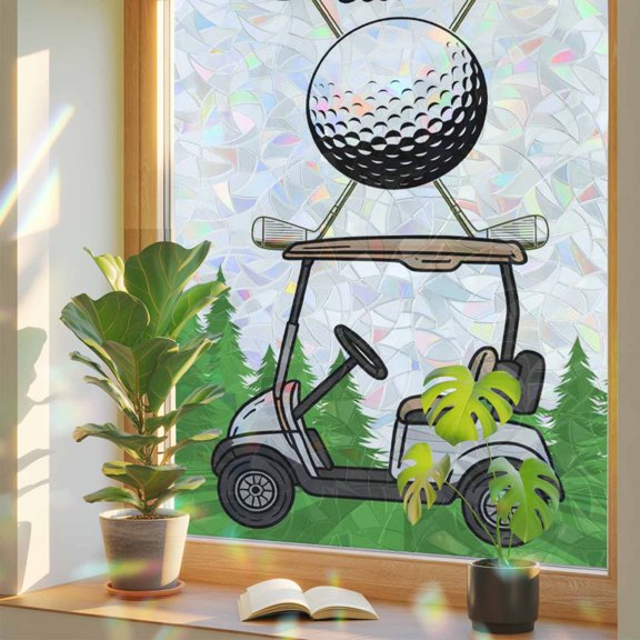 Rainbow Window Privacy Film, Golf Static Cling Window Film PVC, Green Forest Tree Balls Clubs Sports Cartoon No Glue UV Blocking Glass Covering, Removable Stained Glass Sticker 17.7''x78.7''