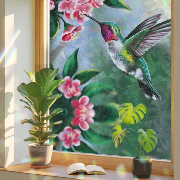 Rainbow Window Privacy Film, Green Hummingbird Static Cling Window Film PVC, Spring Summer Pink Flower Leaf No Glue UV Blocking Glass Covering, Removable Stained Glass Sticker 17.7''x39.3''