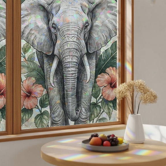 Rainbow Window Privacy Film Grey Elephant Stain Glass Window Film for Glass Door Sticker Static Cling Heat Blocking Boho Tropical Palm Leaves Flowers Sunroof Decal for Car Home Decor 23.6"x78.7"