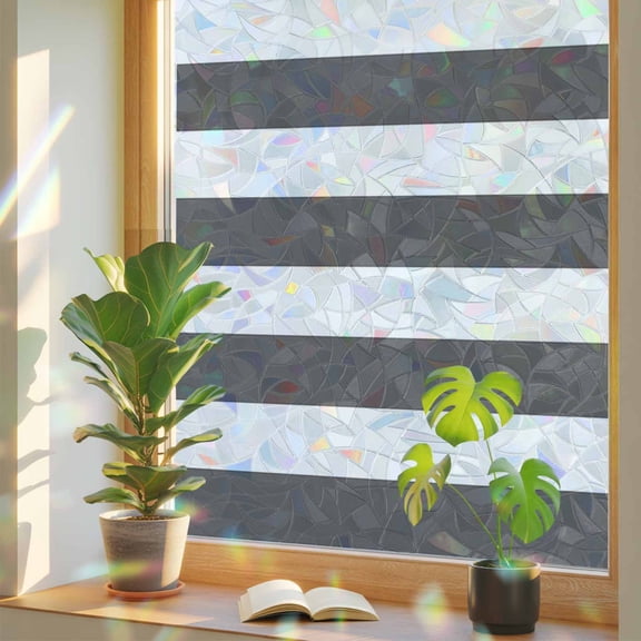 Rainbow Window Privacy Film, Grey Stripes Static Cling Decorative Window Film PVC, Simple Gray White Texture No Glue UV Blocking Glass Covering, Removable Stained Glass Sticker 23.6''x59''