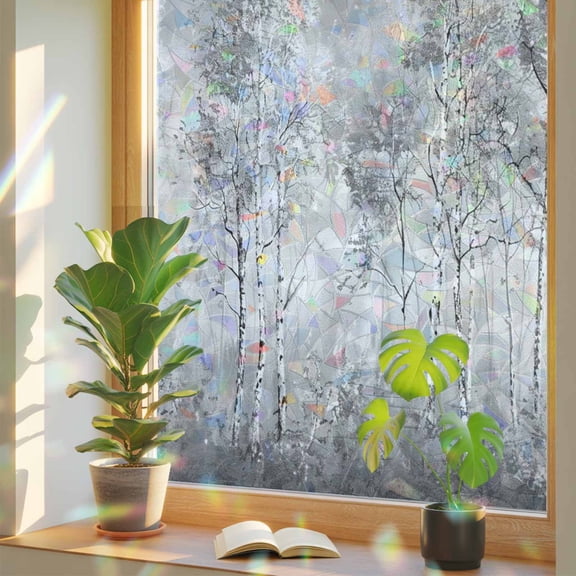 Rainbow Window Privacy Film, Grey Vintage Static Cling Decorative Window Film PVC, Modern Abstract Art Oil Paiting No Glue UV Blocking Glass Covering, Removable Stained Glass Sticker 17.7''x39.3''