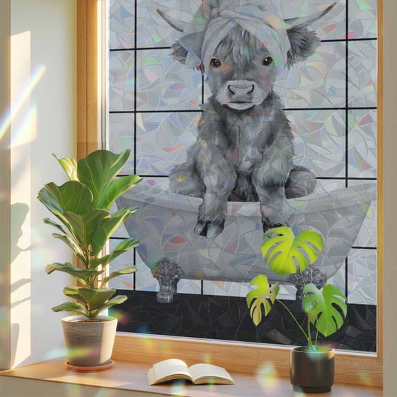 Rainbow Window Privacy Film, Grey Yak Static Cling Decorative Window Film PVC, Bathtub Country Gray Vintage Art No Glue UV Blocking Glass Covering, Removable Stained Glass Sticker 17.7''x39.3''