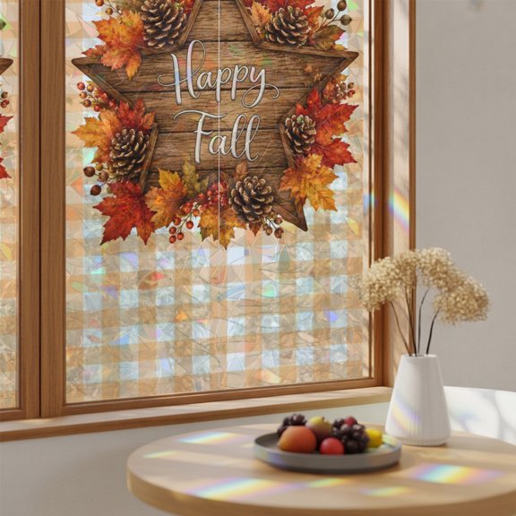 Rainbow Window Privacy Film Happy Fall Stain Glass Window Film for Glass Door Sticker Static Cling Heat Blocking Maple Leaves Orange Checked Thanksgiving Sunroof Decal for Car Home 29.5"x78.7"