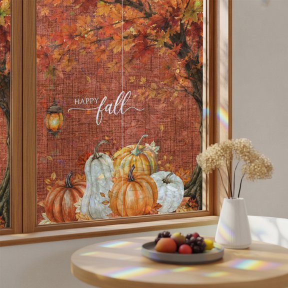 Rainbow Window Privacy Film Happy Fall Stain Glass Window Film for Glass Door Sticker Static Cling Heat Blocking Vintage Red Maple Tree Pumpkins Thanksgiving Sunroof Decal for Car Home 23.6"x59"