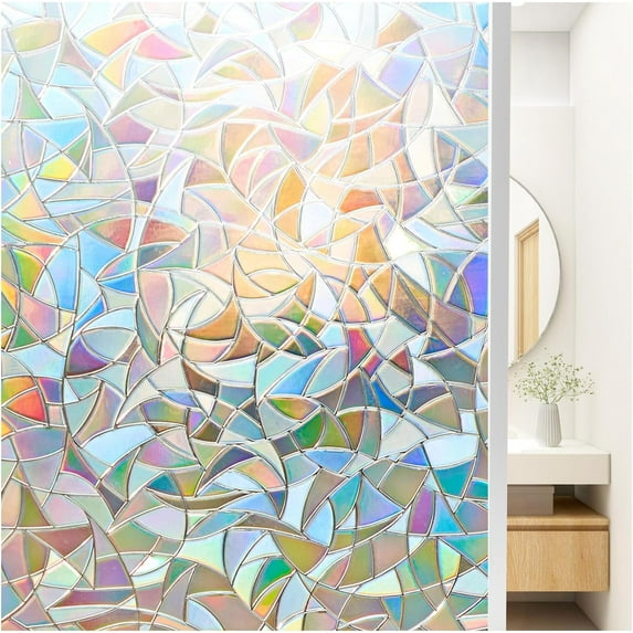 Rainbow Window Privacy Film Holographic Stained Glass Window Film Vinyl 3D Decorative Window Cover Static Cling Sticker Non-Adhesive Removable House Window Tint for Home 35.4 x 78.7 Inches