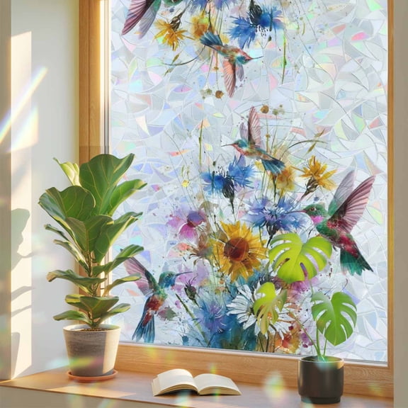 Rainbow Window Privacy Film, Hummingbird Static Cling Window Film PVC, Spring Farmhouse Oil Painting Sunflowers No Glue UV Blocking Glass Covering, Removable Stained Glass Sticker 17.7''x39.3''