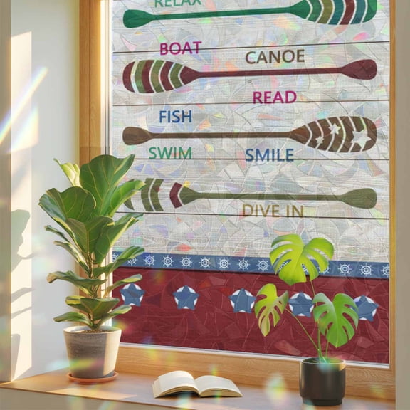 Rainbow Window Privacy Film, Lake Rules Static Cling Window Film PVC, Red Green Brown Paddle Striped Rudder Wooden No Glue UV Blocking Glass Covering, Removable Stained Glass Sticker 23.6''x59''