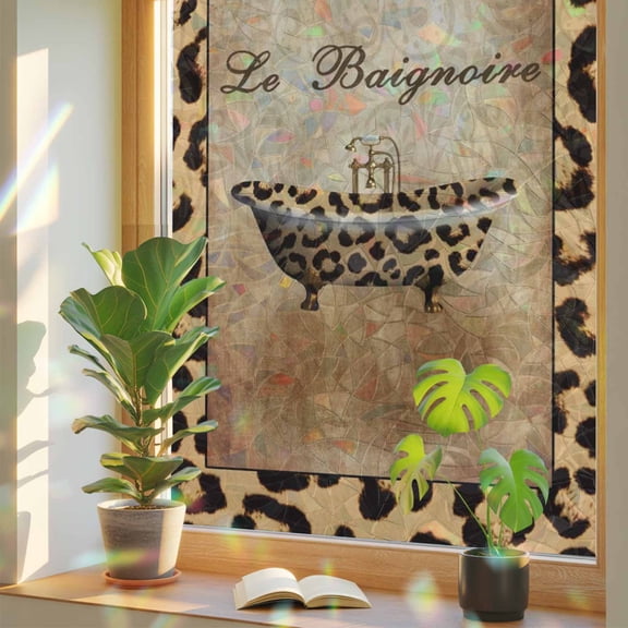 Rainbow Window Privacy Film, Leopard Printed Static Cling Decorative Window Film PVC, Funny Animals Textured Bathtubs No Glue UV Blocking Glass Covering, Removable Stained Glass Sticker 17.7''x39.3''