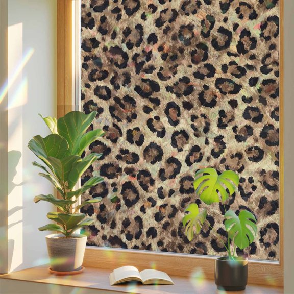 Rainbow Window Privacy Film, Leopard Printed Static Cling Decorative Window Film PVC, Modern Animals Textured Brown No Glue UV Blocking Glass Covering, Removable Stained Glass Sticker 19.6''x39.3''