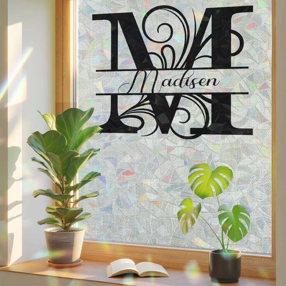 Rainbow Window Privacy Film, Letter M Static Cling Decorative Window Film PVC, Monogram Words No Glue UV Blocking Glass Covering, Removable Stained Glass Sticker 17.7''x39.3''