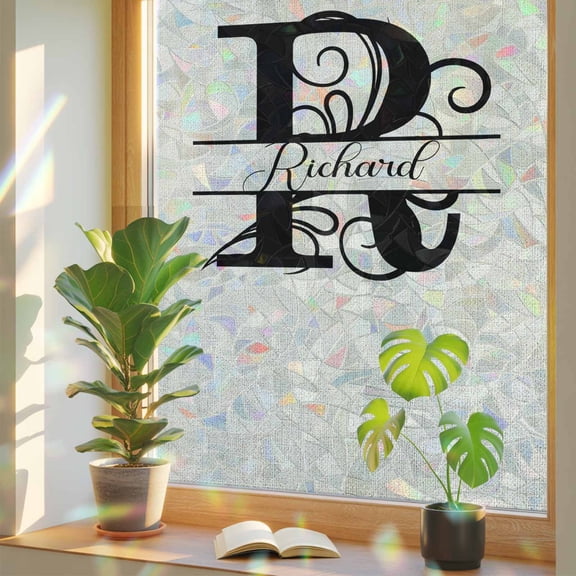 Rainbow Window Privacy Film, Letter R Static Cling Decorative Window Film PVC, Monogram Words No Glue UV Blocking Glass Covering, Removable Stained Glass Sticker 17.7''x39.3''