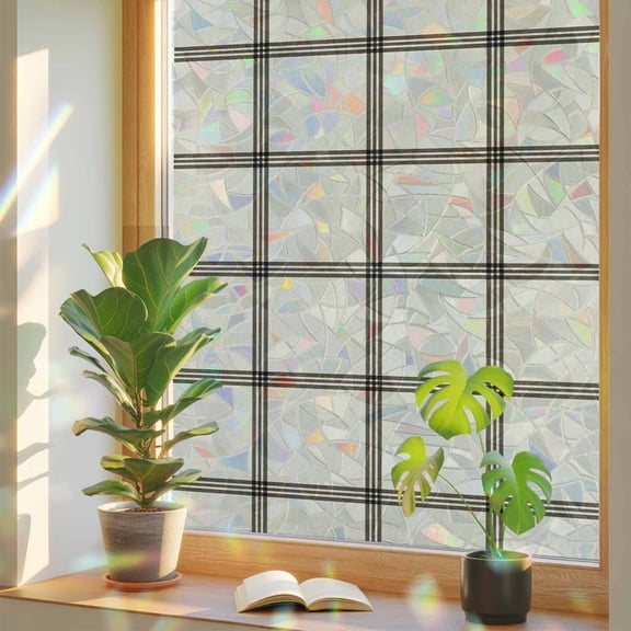 Rainbow Window Privacy Film, Linen Buffalo Check Static Cling Window Film PVC, Retro Black Lines Grid Pattern No Glue UV Blocking Glass Covering, Removable Stained Glass Sticker 19.6''x39.3''