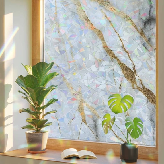 Rainbow Window Privacy Film, Marble White Gold Static Cling Window Film PVC, Abstract Simple Marble Geometric No Glue UV Blocking Glass Covering, Removable Stained Glass Sticker 17.7''x39.3''