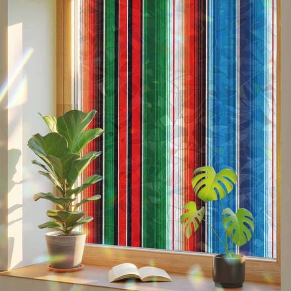 Rainbow Window Privacy Film, Mexican Serape Static Cling Window Film PVC, Colorful Stripes Vertical Lines Abstract No Glue UV Blocking Glass Covering, Removable Stained Glass Sticker 23.6''x59''