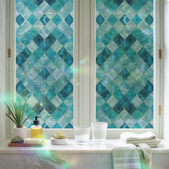 Rainbow Window Privacy Film, Modern Teal Blue Diamond Non-Adhesive Static Cling Glass Sticker, Geometric Line Buffalo Plaid Reusable Decorative Window Film for Home Bathroom Bedroom 17.7x39.3in