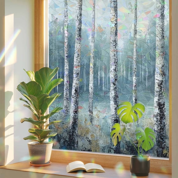 Rainbow Window Privacy Film, Modernism Tree Static Cling Decorative Window Film PVC, Spring Forest Scene Oil Painted No Glue UV Blocking Glass Covering, Removable Stained Glass Sticker 17.7''x39.3''