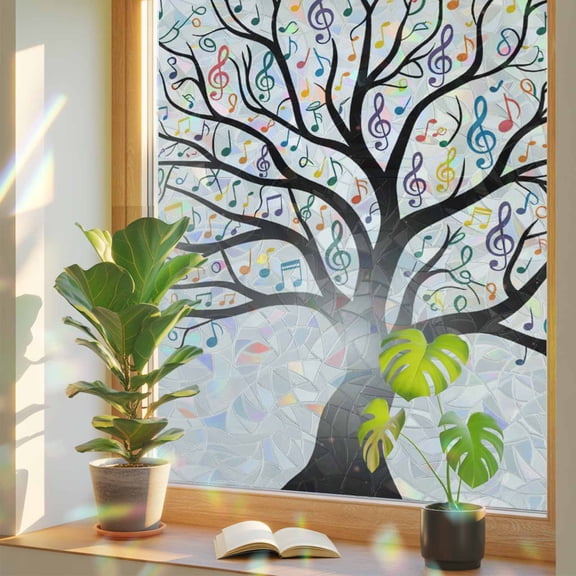 Rainbow Window Privacy Film, Music Tree Static Cling Decorative Window Film PVC, Modern Abstract Art Note Branches No Glue UV Blocking Glass Covering, Removable Stained Glass Sticker 17.7''x39.3''