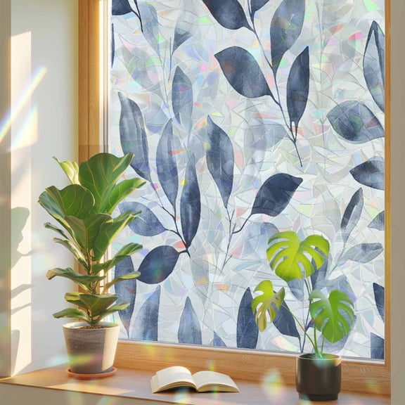 Rainbow Window Privacy Film, Navy Blue Botanical Static Cling Window Film PVC, Pastoral Spring Leaves Watercolor No Glue UV Blocking Glass Covering, Removable Stained Glass Sticker 17.7''x78.7''