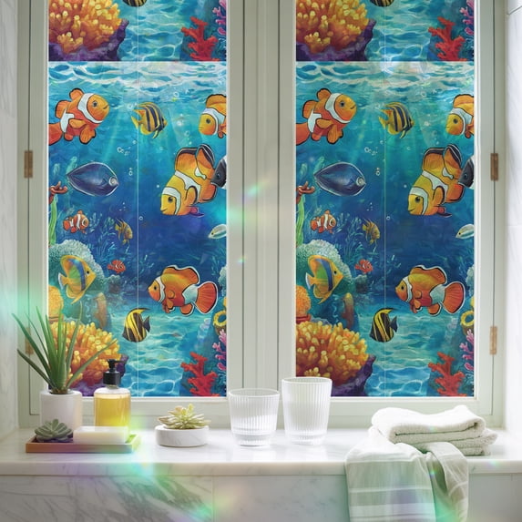Rainbow Window Privacy Film, Ocean Fish Coral Seaweed Cartoon Style ...