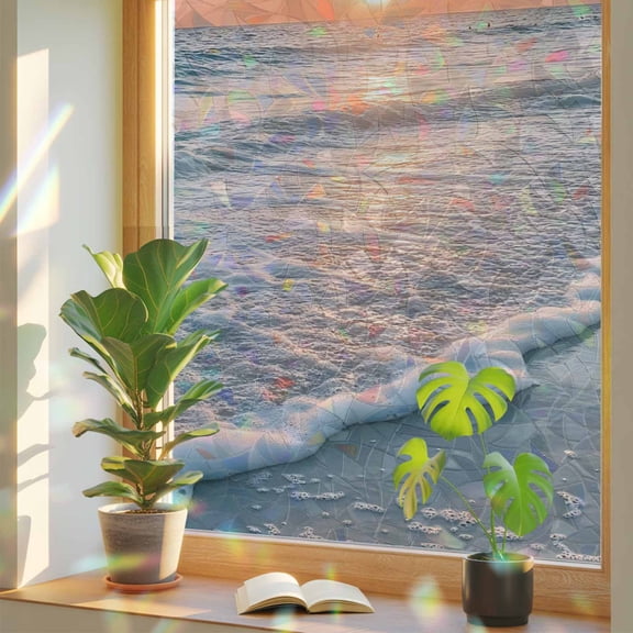 Rainbow Window Privacy Film, Ocean Sunset Static Cling Decorative Window Film PVC, Summer Beach Shore Sky Sun Scenery No Glue UV Blocking Glass Covering, Removable Stained Glass Sticker 17.7''x39.3''