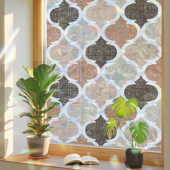 Rainbow Window Privacy Film, Ombre Brown Geometric Plaid Retro Abstract Morocco Gingham Static Cling Window Film PVC, No Glue UV Blocking Glass Covering, Removable Stained Glass Sticker 23.6''x59''