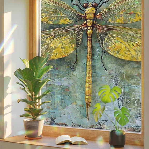 Rainbow Window Privacy Film, Ombre Dragonfly Static Cling Decorative Window Film PVC, Vintage Abstract Oil Painting No Glue UV Blocking Glass Covering, Removable Stained Glass Sticker 19.6''x39.3''