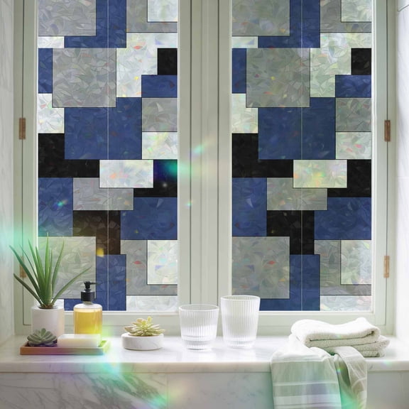 Rainbow Window Privacy Film, Ombre Square Splicing Plaid Non-Adhesive Static Cling Glass Sticker, Color Block Reusable Decorative Window Film for Home Bathroom Bedroom Office 17.7x39.3in