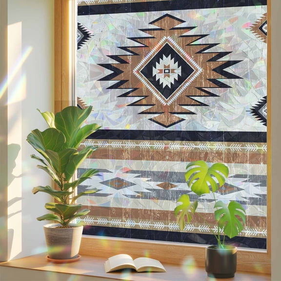 Rainbow Window Privacy Film, Orange Boho Static Cling Window Film PVC, Southwestern Ethnic Aztec Retro Geometric No Glue UV Blocking Glass Covering, Removable Stained Glass Sticker 17.7''x39.3''