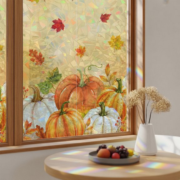 Rainbow Window Privacy Film Orange Pumpkins Fall Stain Glass Window Film for Glass Door Sticker Static Cling Heat Blocking Maple Leaves Thanksgiving Ombre Sunroof Decal for Car Home 29.5"x118"