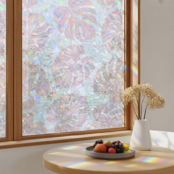 Rainbow Window Privacy Film Pink Monstera Leaf Stain Glass Window Film for Glass Door Sticker Static Cling Tropical Plant Foliage Botanical Boho Sunroof Decal for Car Home Decor 17.7"x39.3"