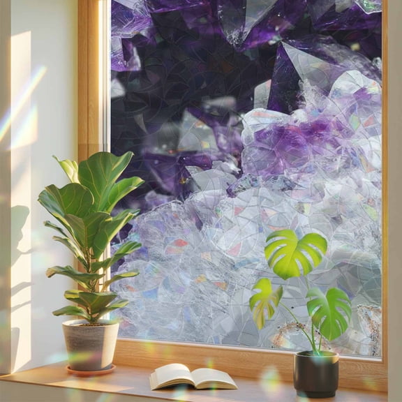 Rainbow Window Privacy Film, Purple Black Geometric Static Cling Window Film PVC, Modern Abstract Crystals Artwork No Glue UV Blocking Glass Covering, Removable Stained Glass Sticker 19.6''x39.3''