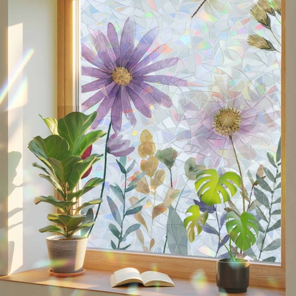 Rainbow Window Privacy Film, Purple Flowers Blossom Static Cling Window Film PVC, Spring Pastoral Garden Wildflowers No Glue UV Blocking Glass Covering, Removable Stained Glass Sticker 17.7''x39.3''