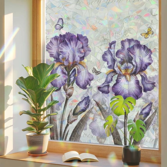 Rainbow Window Privacy Film, Purple Iris Static Cling Window Film PVC, Spring Vintage Butterfly Leaves Flowers Beige No Glue UV Blocking Glass Covering, Removable Stained Glass Sticker 29.5''x118''