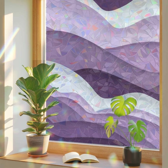Rainbow Window Privacy Film, Purple Ombre Static Cling Decorative Window Film PVC, Modern Geometric Moire Abstract Art No Glue UV Blocking Glass Covering, Removable Stained Glass Sticker 23.6''x59''
